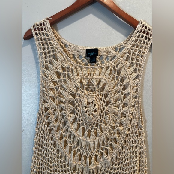 Cream Crochet Fringe Tank Top boho xl bodycon tunic crochet hippie y2k - Picture 5 of 9